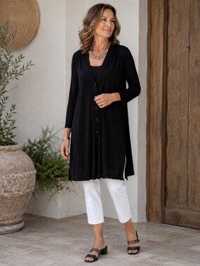 CHICOS TRAVELERS Black Slinky Midi Duster Cardigan Resort Wear Travel Vacation